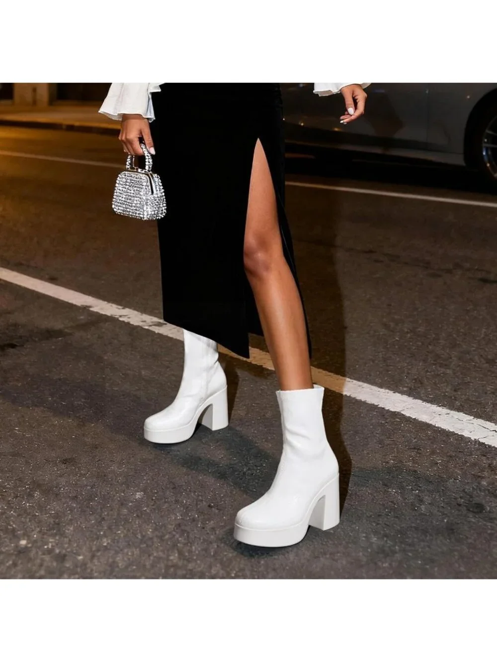 Women's White High Chunky Block Heel Square Toe Platform Gogo Ankle Boots